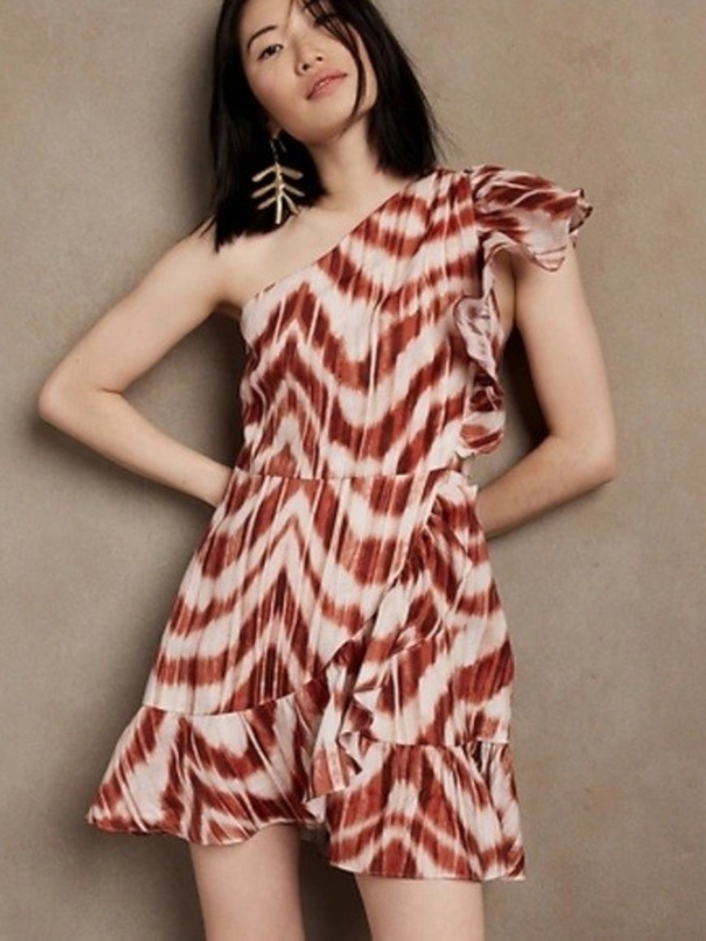 Banana Republic One-Shoulder Ruffle Mini Dress in Rust and Cream Zebra